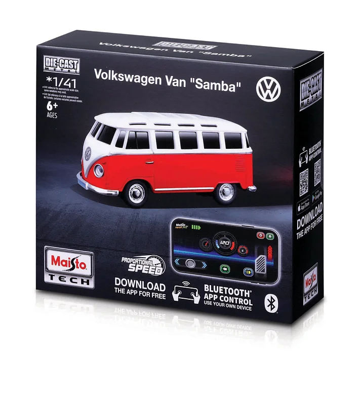 Maisto RC - DIE-CAST METAL se světly, 1:41, Volkswagen Van Samba, červená, 2,4GHz, USB,XTR,Bluetooth