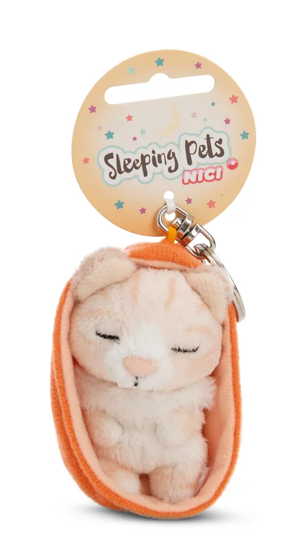 NICI klíčenka spící Kočička béžová 12 cm, oranžový košík, GREEN
