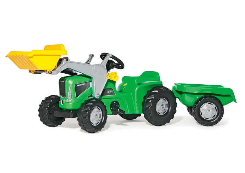 Šlapací traktor Kid Futura s vlečkou a předním nakladačem zelený