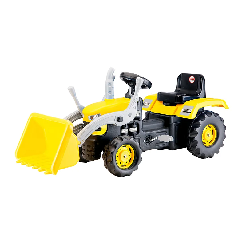 Velký šlapací traktor s rypadlem, žlutý