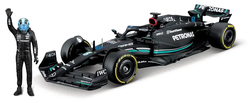 Bburago - RACE Formule F1 s figurkou jezdce, Mercedes-AMG W14 E Performance (2023) #63 Russell, 1:24