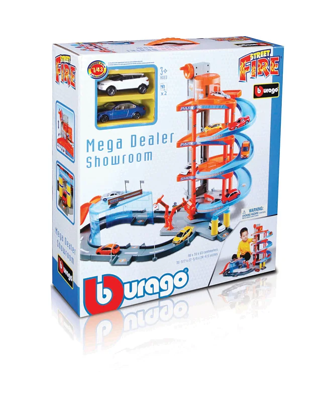 Bburago - STREET FIRE, Velká parkovací herní sada – garáž a showroom se dvěma autíčky,  1:43