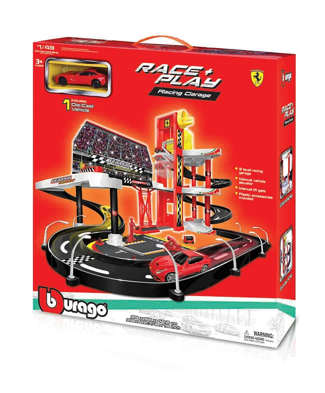 Bburago - FERRARI RACE+PLAY, Garáž se závodní dráhou + autíčko, 1:43