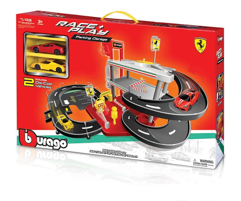 Bburago - FERRARI Race + Play, Garáž a parkoviště se dvěma autíčky, 1:43