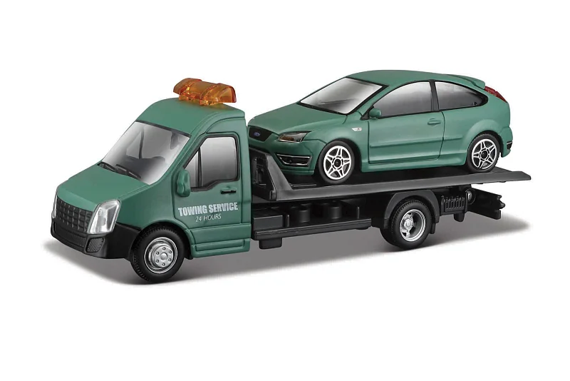 Bburago - STREET FIRE, Přepravní vozidlo Flatbed Transport + Ford Focus ST,  1:43