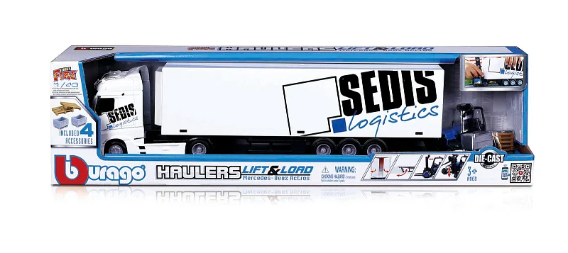 Bburago - HAULERS LIFT & LOAD, M-B Actros kamion s přívěsem + příslušenství, 1:43