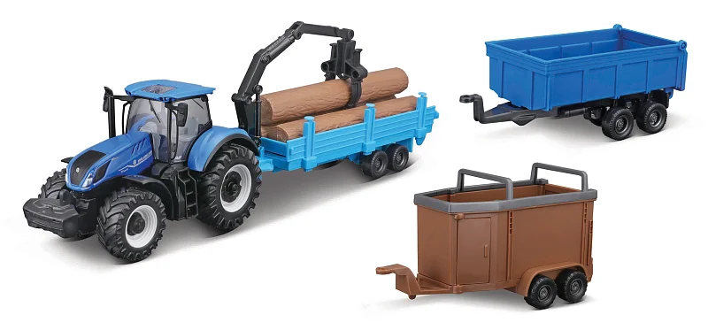 Bburago - FARMLAND, Set New Holland T7.315 HD se třemi přívěsy, 10 cm