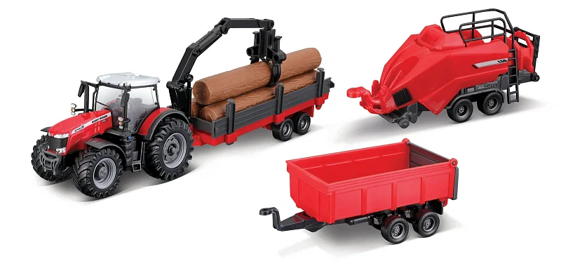 Bburago - FARMLAND, Set Massey Ferguson 8740S se třemi přívěsy, 10 cm