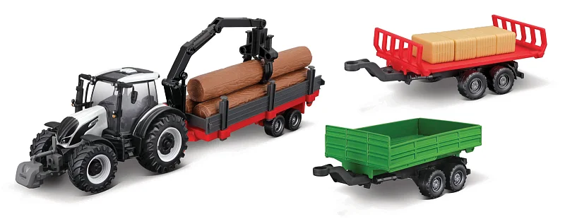Bburago - FARMLAND, Set Valtra N174 se třemi přívěsy, 10 cm