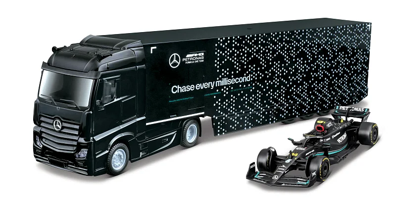 Bburago – RACE M-B Tahač s návěsem + F1 Mercedes-AMG Petronas W15 (2024), #63 George Russell, 1:43