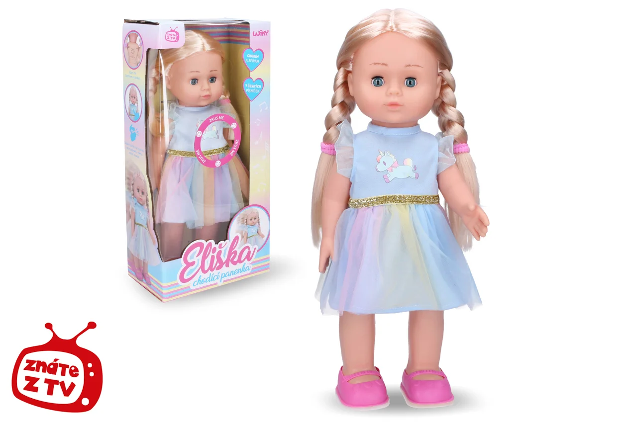 Eliška chodící panenka 41 cm, modré šaty