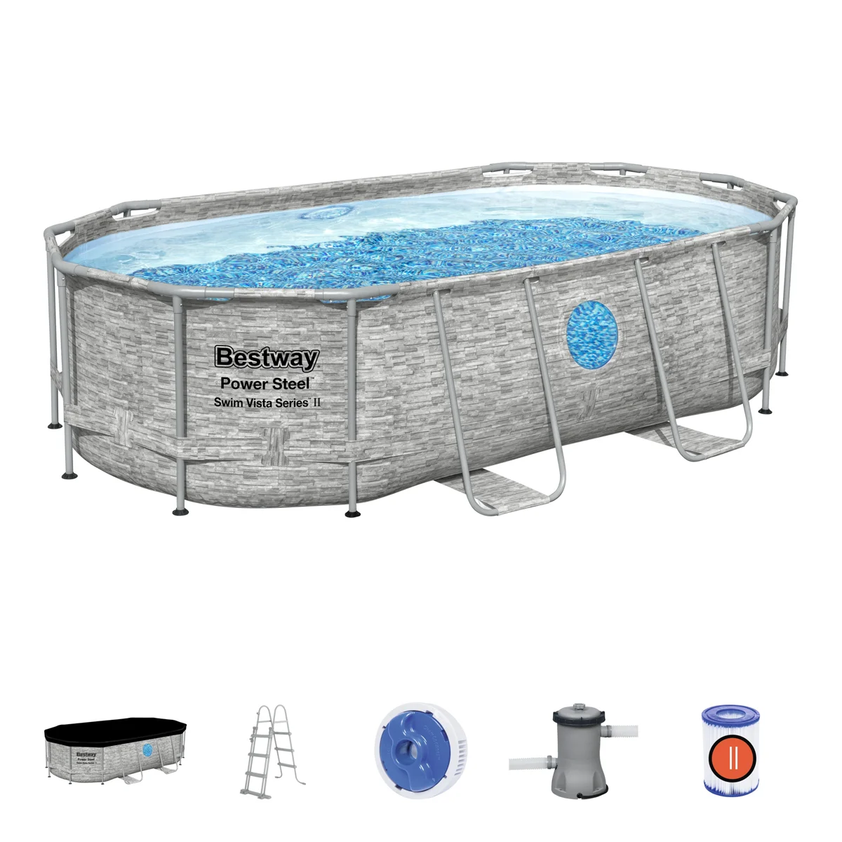 Nadzemní bazén oválný Power Steel Vista, kartušová filtrace, schůdky, plachta, 4,27m x 2,5m x 1m