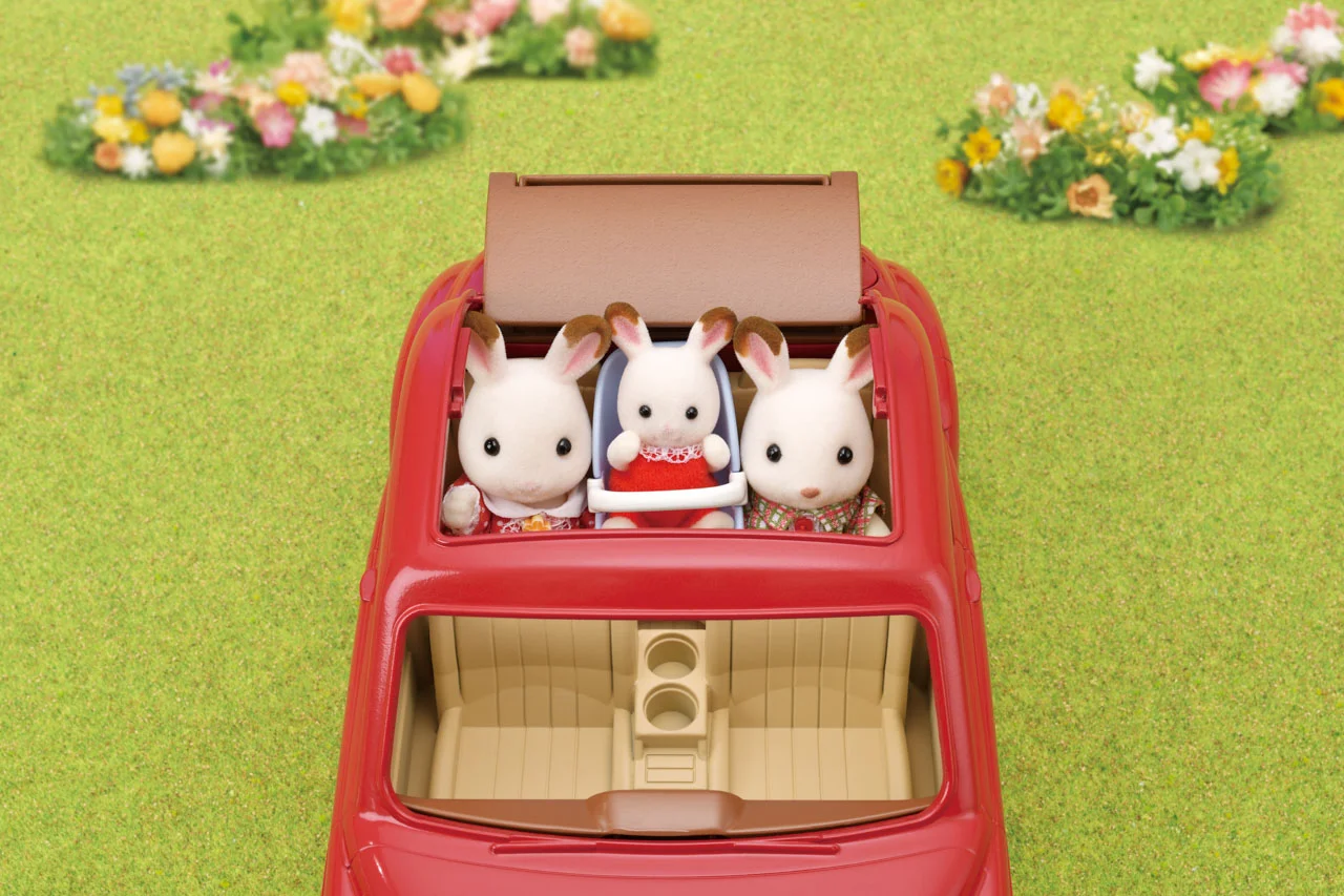 Rodinné cestovní auto červené s kočárkem a autosedačkou