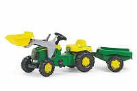 Šliapací traktor Rolly Kid John Deere s vlečkou a nakladačom - zelený