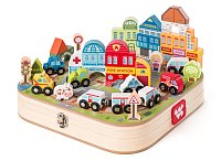 Suitcase with city blocks and train
