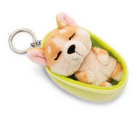 NICI klíčenka spící Pejsek Welsh Corgi 12 cm, světle zelený košík, GREEN