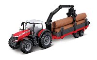 Bburago - FARMLAND, Massey Ferguson 8740S s nakladačem a přívěsem na dřevo, 10 cm