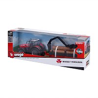 Bburago - FARMLAND, Massey Ferguson 8740S s nakladačem a přívěsem na dřevo, 10 cm