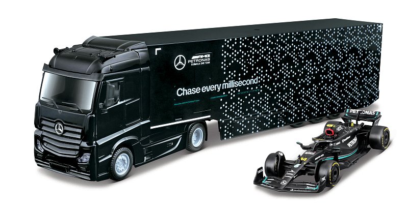 Bburago – RACE M-B Tahač s návěsem + F1 Mercedes-AMG Petronas W15 (2024), #63 George Russell, 1:43