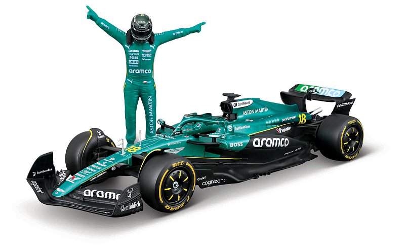 Bburago - RACE Formula F1 s figurkou jezdce, Aston Martin AMR25 (2025) #18 Lance Stroll, 1:24