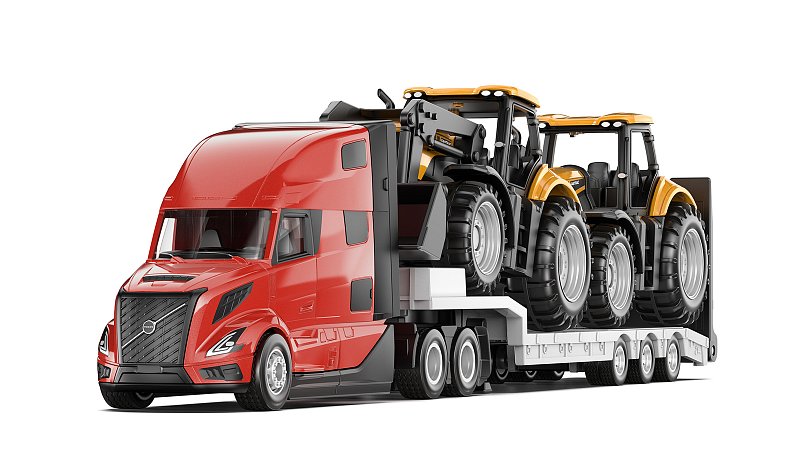 SIKU Super - Tahač Volvo VNL 860 s návěsem a JCB traktory