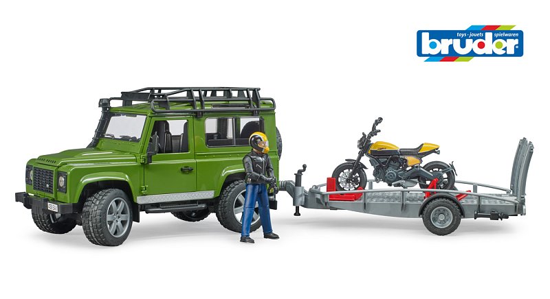 Voľný čas - Land Rover Defender s vlekom, motorkou a vodičom