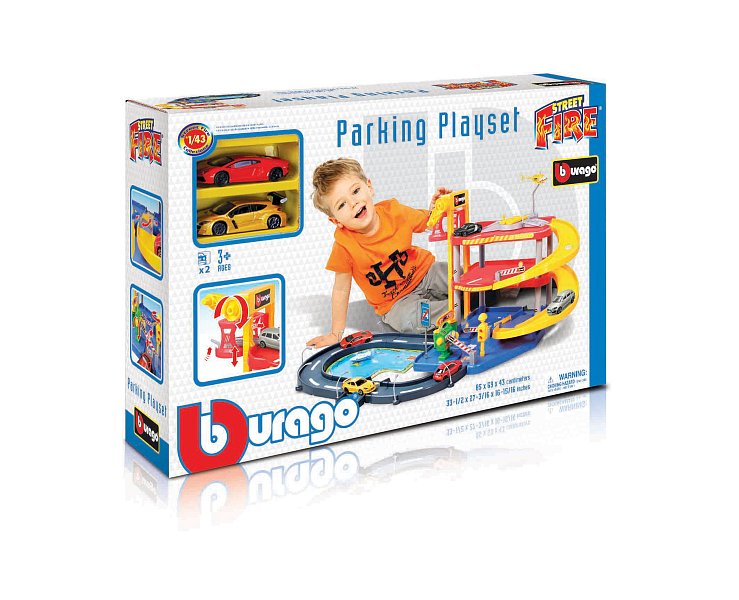 Bburago - STREET FIRE, Parkovací herní sada – garáž se dvěma autíčky, 1:43