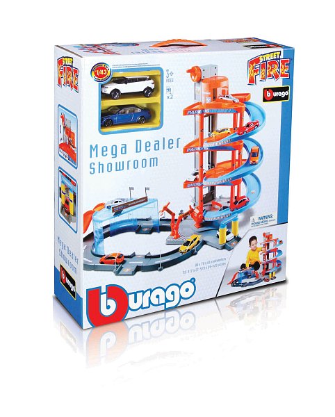 Bburago - STREET FIRE, Velká parkovací herní sada – garáž a showroom se dvěma autíčky,  1:43