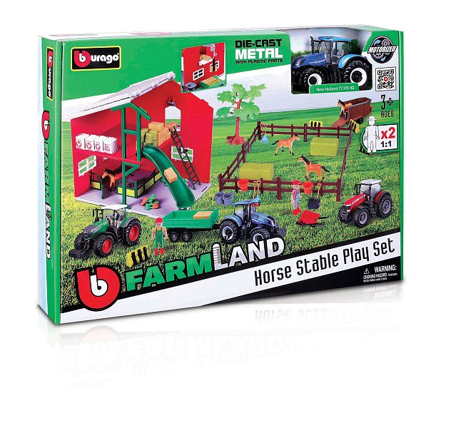 Bburago - FARMLAND, Set Stáj s koňmi a traktorem, assort