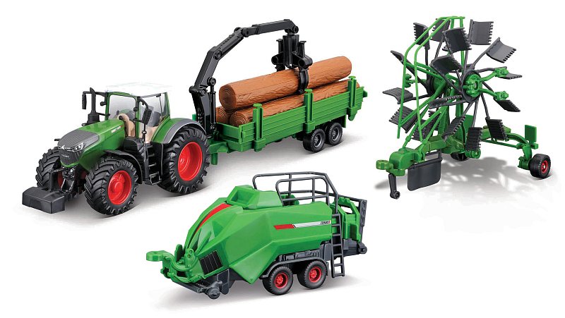 Bburago - FARMLAND, Set FENDT 1050 VARIO se třemi přívěsy, 10 cm
