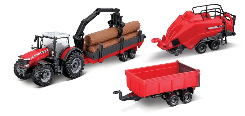 Bburago - FARMLAND, Set Massey Ferguson 8740S se třemi přívěsy, 10 cm