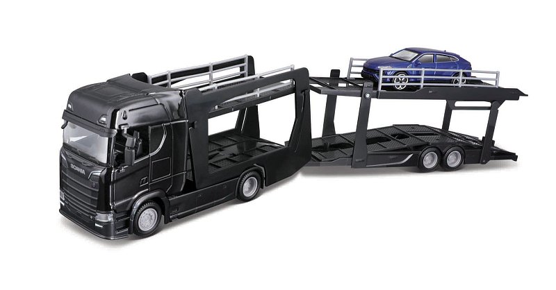 Bburago - STREET FIRE, Kamion s návěsem Multicar Carrier Scania 770S + Lamborghini Urus, 1:43