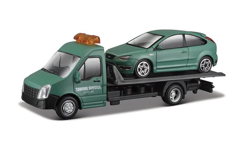 Bburago - STREET FIRE, Přepravní vozidlo Flatbed Transport + Ford Focus ST, 1:43