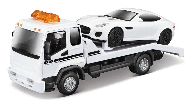 Bburago – STREET FIRE, Odtahové vozidlo Flatbed Tow Truck + Jaguar F-TYPE Coupé, 1:43