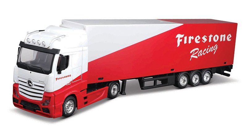 Bburago - Kamion s přívěsem M-B Actros Gigaspace/Trailer, Firestone Racing, 1:43