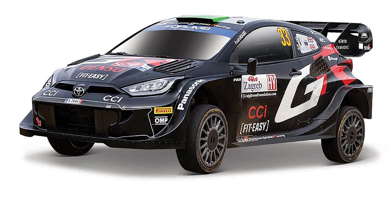 Bburago - RACE, Toyota GR Yaris Rally1 Hybrid v dekorativním boxu, Evans #33, černá, 1:43