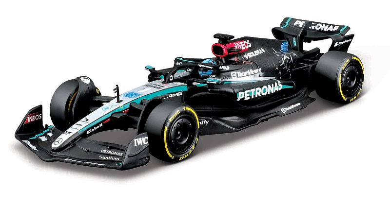 Bburago - RACE Formule F1 v dekorativním boxu, Mercedes-AMG Petronas W15 (2024), #63 G.Russell, 1:43
