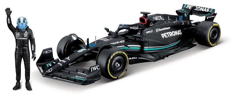 Bburago - RACE Formule F1 s figurkou jezdce, Mercedes-AMG W14 E Performance (2023) #63 Russell, 1:24
