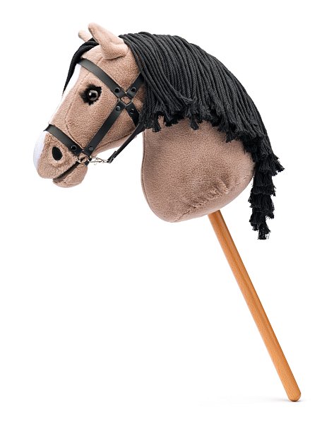 Hobby horse Lady Anne, hnědo-béžová klisna s řasami na tyči, provázková hříva