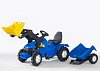 Šlapací traktor Farmtrac modrý s vlekem a předním nakladačem