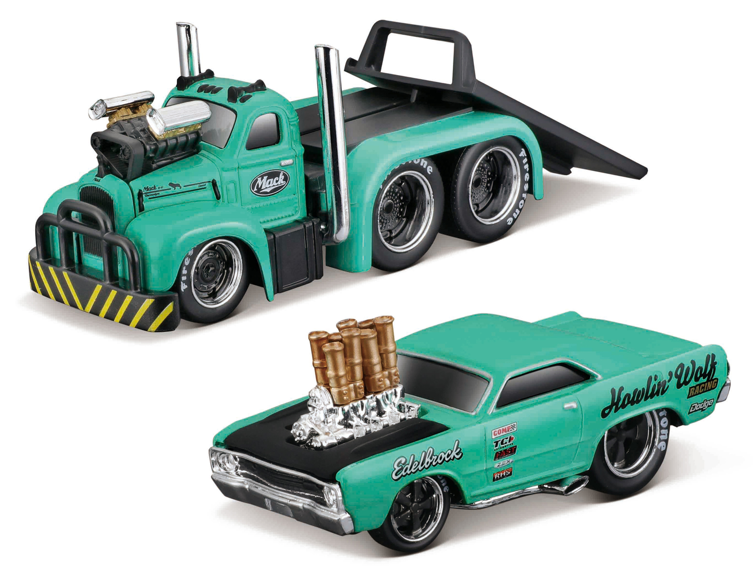 Maisto - Muscle Transports - 1953 MACK B-61 Flatbed 1968 Dodge Dart HEMI Gasser, 1:64 101211542