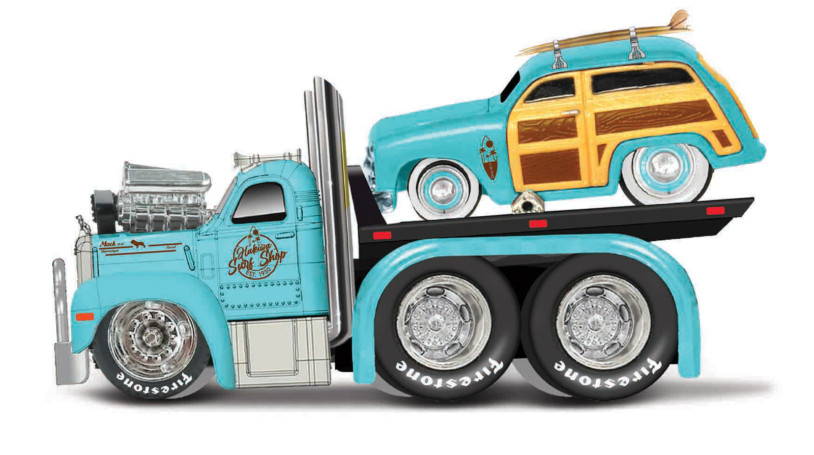 Maisto - Muscle Transports - 1953 MACK B-61 Flatbed 1950 Ford Woody, 1:64 101211550