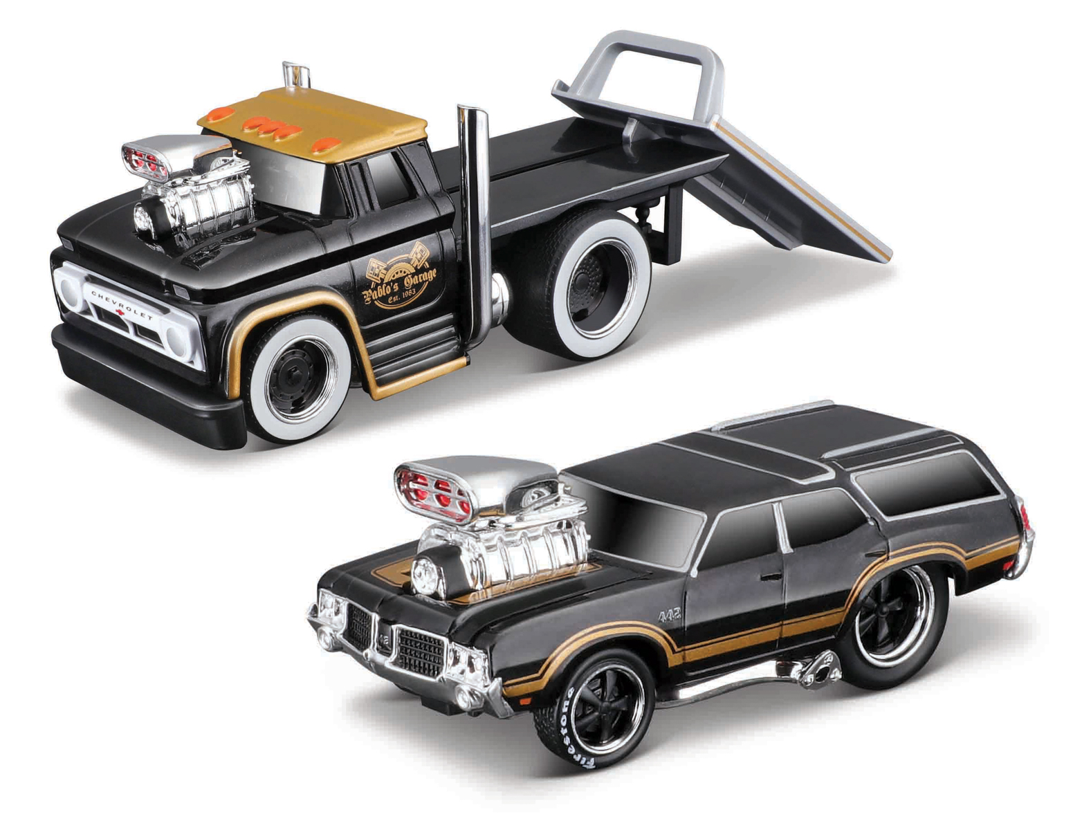 Maisto - Muscle Transports - 1966 Chevrolet C60 Flatbed 1970 Oldsmobile Vista Cruiser, 1:64 101211551