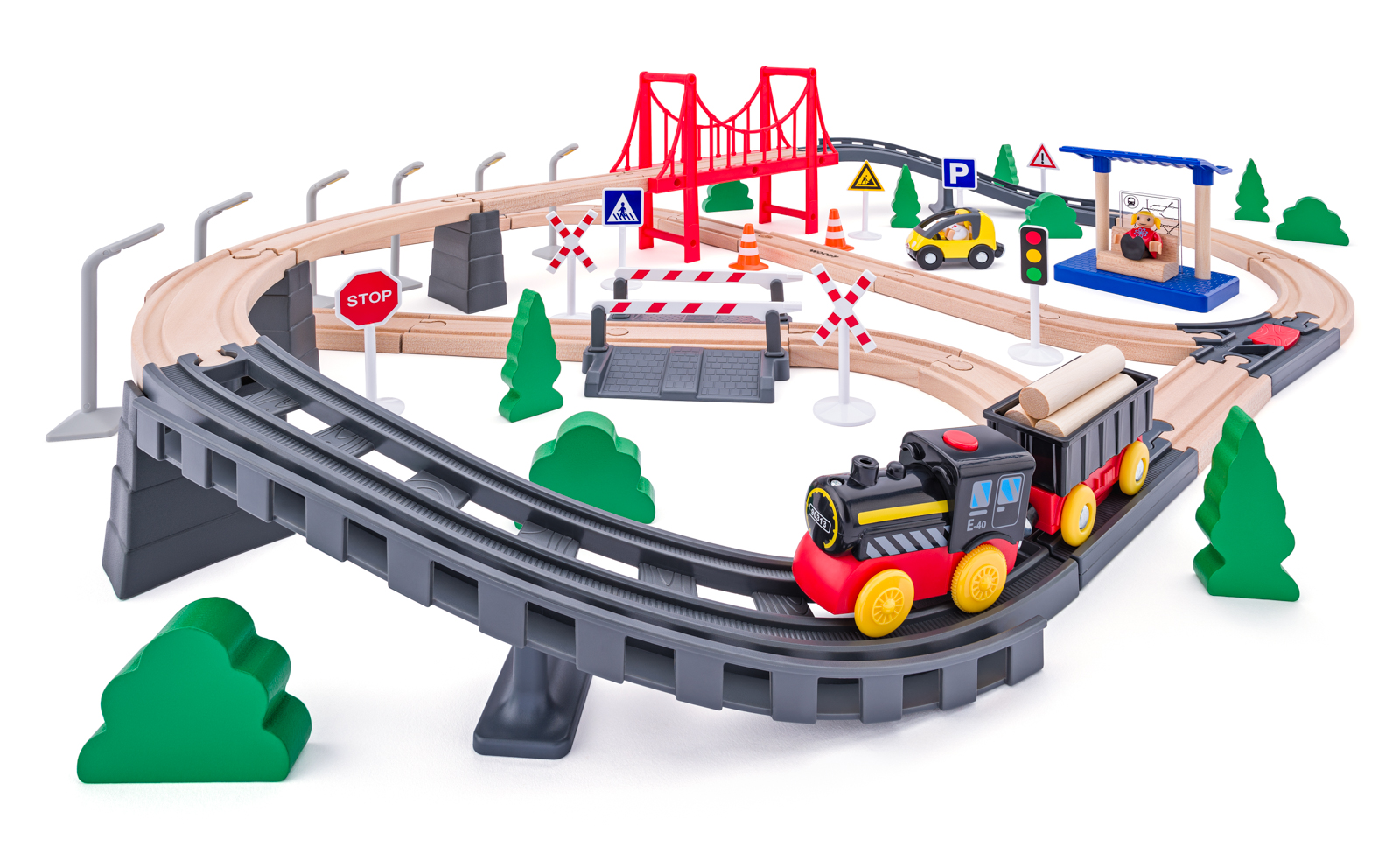 Vláčikodráha s elektrickou mašinkou a mostom, 80 dielov 102192111