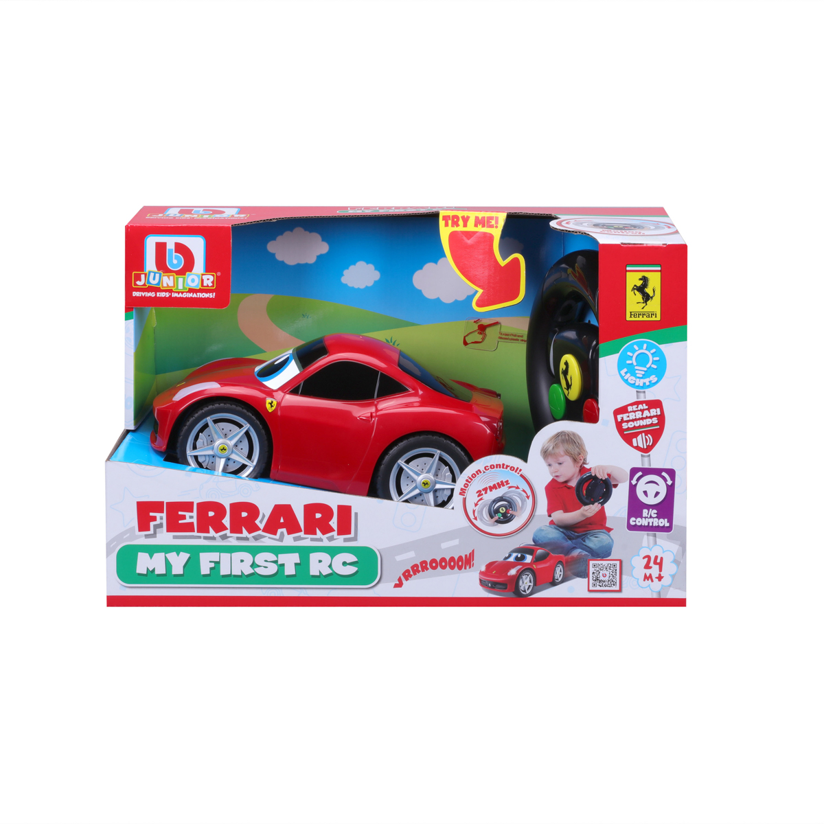 BB Junior RC - Ferrari 458 Italia so svetlami a zvukmi, diaľkový ovládač volant, červená, 27MHz 112116-91003